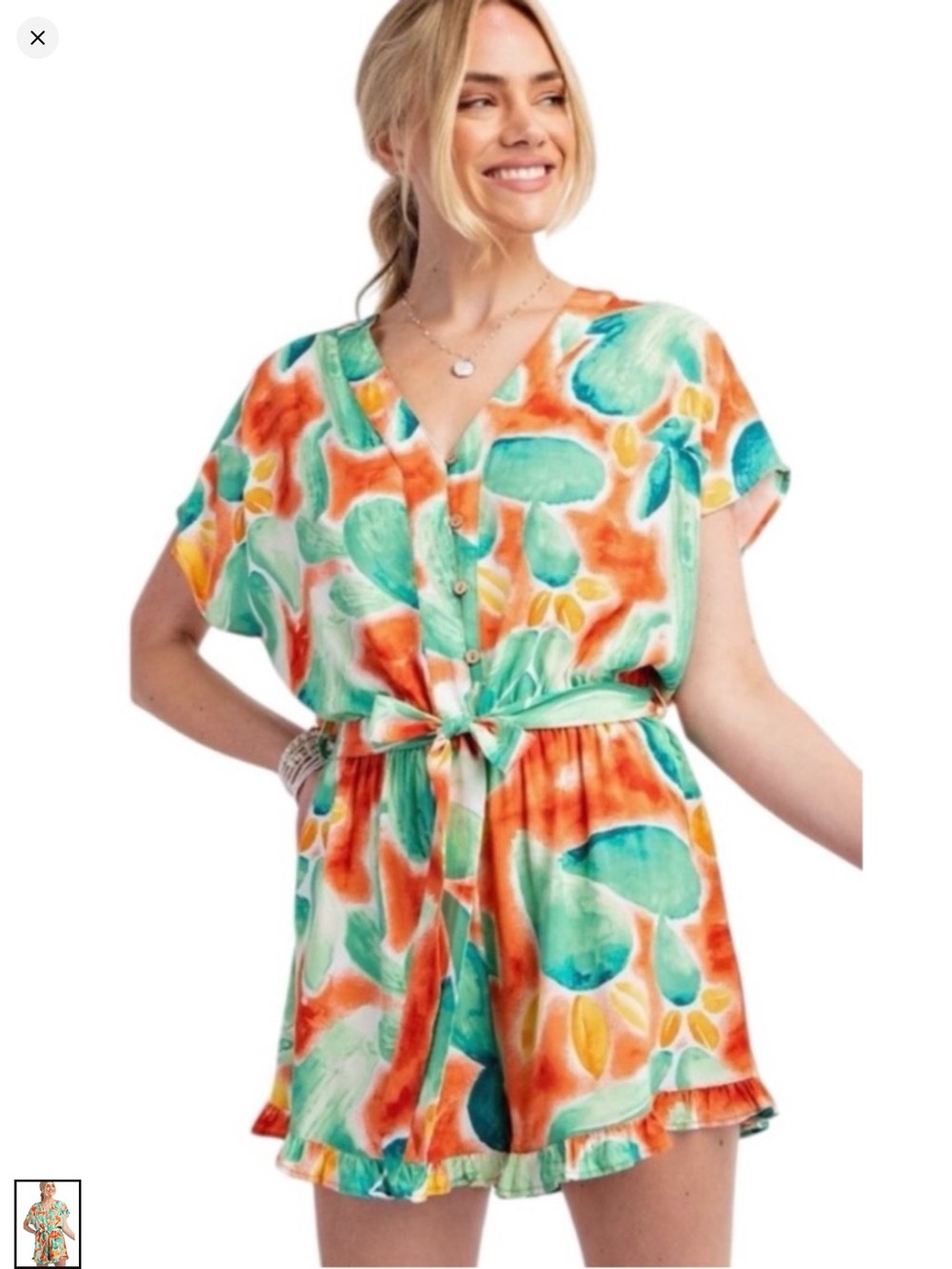 easel Los Angeles_Vibrant Watercolor Tie-Waist Romper_Multicolor_Size Medium
